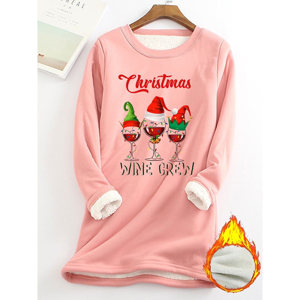 Damen Sweatshirt Pullover Polyester Vlies Buchstabe Weinglas Weihnachten Strasse Bedruckt Brautkleider schlicht Rundhalsausschnitt Langarm Mikro-elastisch Herbst Winter Lightinthebox