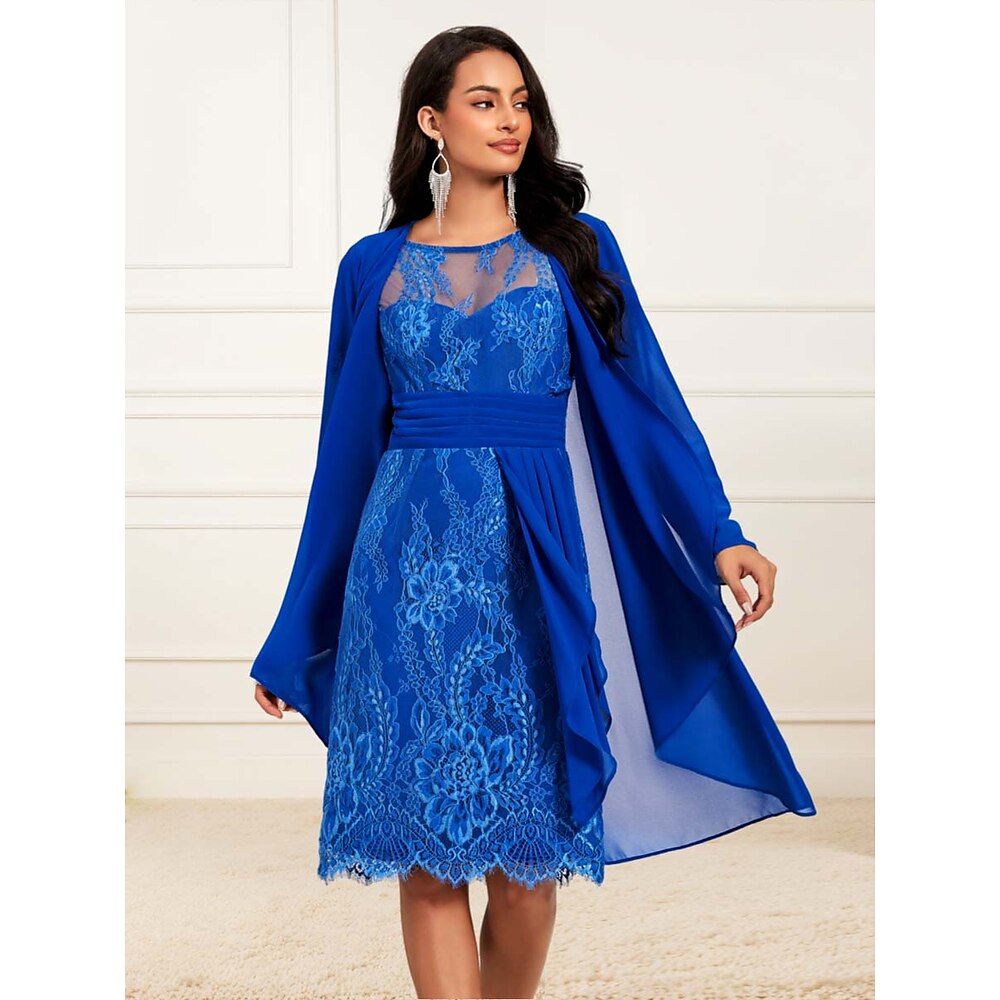 Damen Spitzenkleid Spitze Rüschen Langarm Cocktailparty Blau Lightinthebox