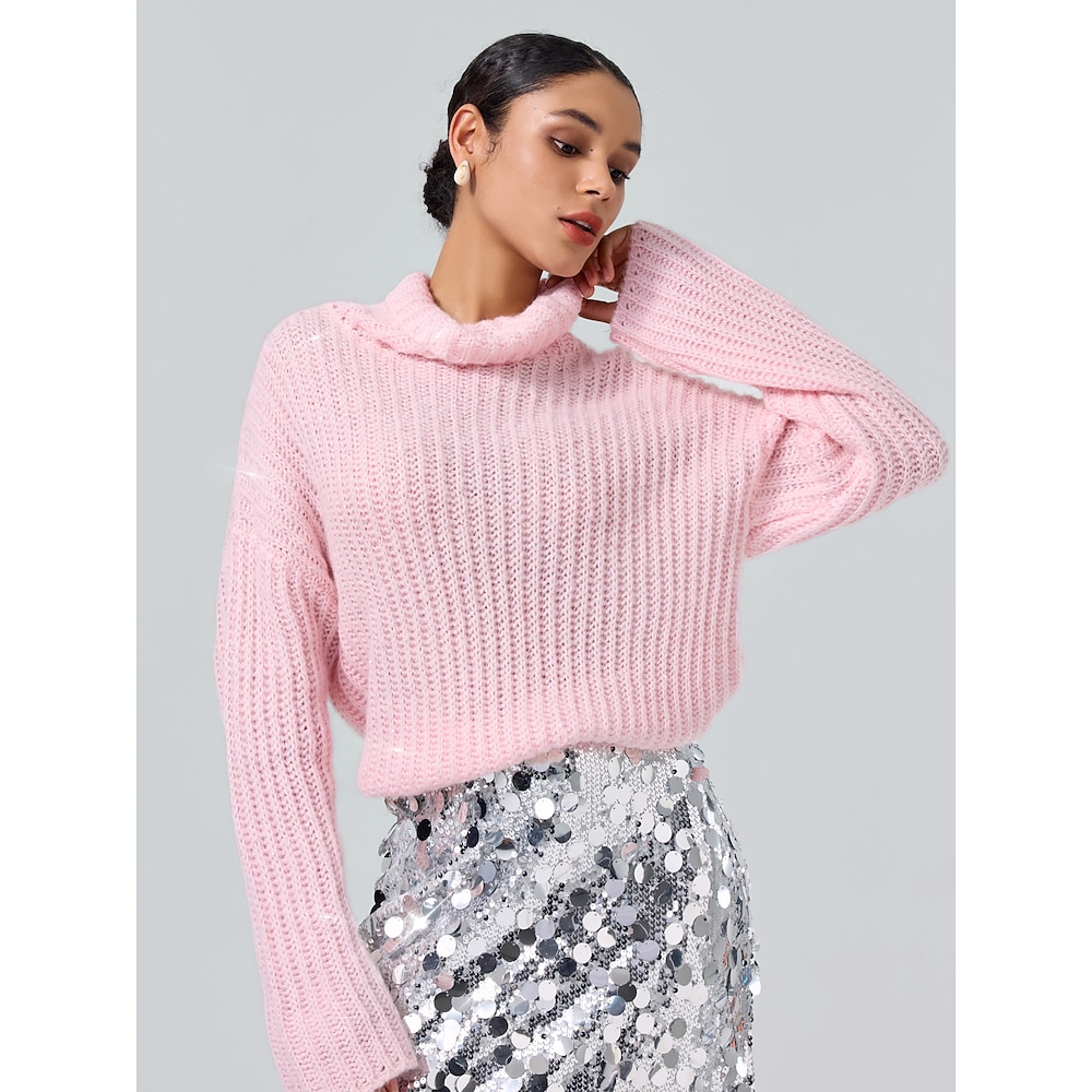 Damen Pullover Rollkragen Gerippt Stricken Wolle Polyester Nylon Pailletten Drop-Schulter Winter Casual Strickware Täglich Brautkleider schlicht Langarm Feste Farbe Rosa S M L Lightinthebox