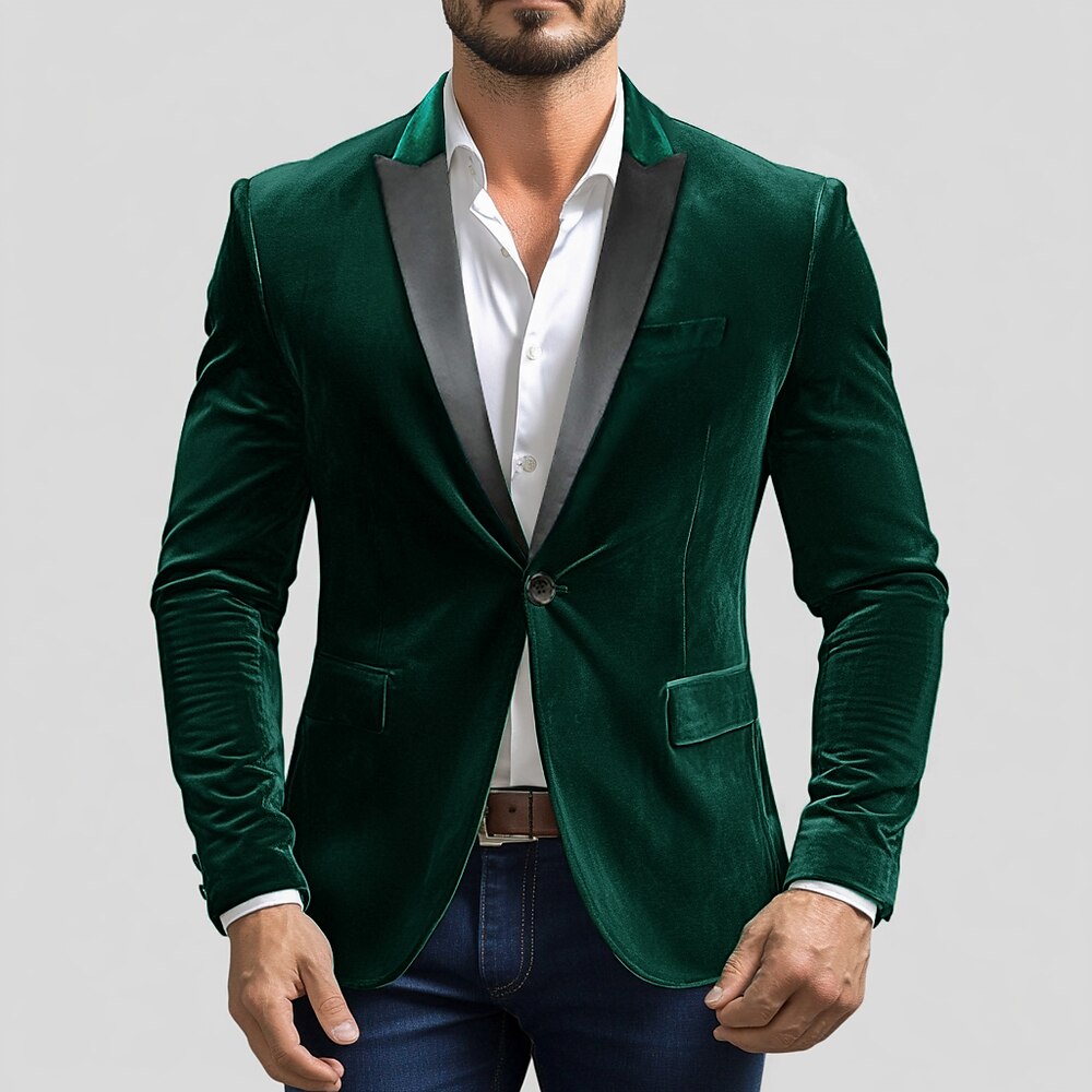 grüner Herren-Weihnachts-Blazer aus Samt, Jacke für draußen, lässig, täglich, Tasche, warm, Winter, Frühling Einreihiger Blazer mit einem Knopf und einfarbiger Tasche im Herbst Lightinthebox