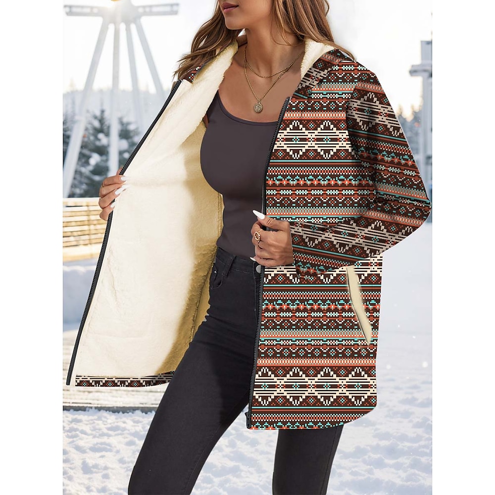 Damen Mantel Outdoor Zip Geometrisch warm halten Vintage Regular Fit Oberbekleidung Langarm Herbst Braun S Lightinthebox