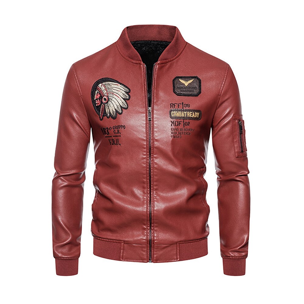 Herren Lederjacke Kunstlederjacke Fleecejacke Motorrad Jacke Bomberjacke aus Leder Täglich Urlaub Windundurchlässig warm halten Tasche Herbst Winter Buchstabe Böhmische Modisch Klassisch Ständer Lightinthebox