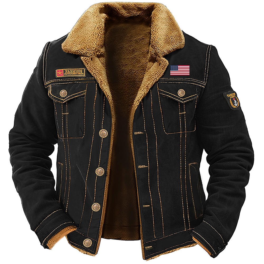 Bestickte Fleecejacke für Herren, Cargojacke mit amerikanischem US-Flaggenaufdruck, Umlegekragen, langärmlige militärische Taktikjacke, Vintage, warme Thermo-Winterjacke, mehrere Taschen, Lightinthebox