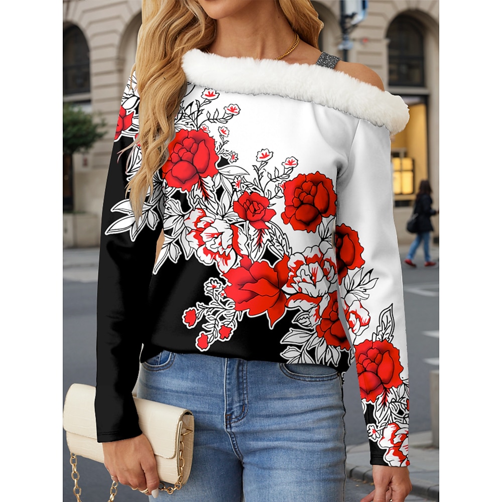 Damen Sweatshirt Pullover Polyester Blumen Strasse Alltagskleidung Patchwork Bedruckt Brautkleider schlicht Pelzkragen Langarm Mikro-elastisch Herbst Winter Lightinthebox