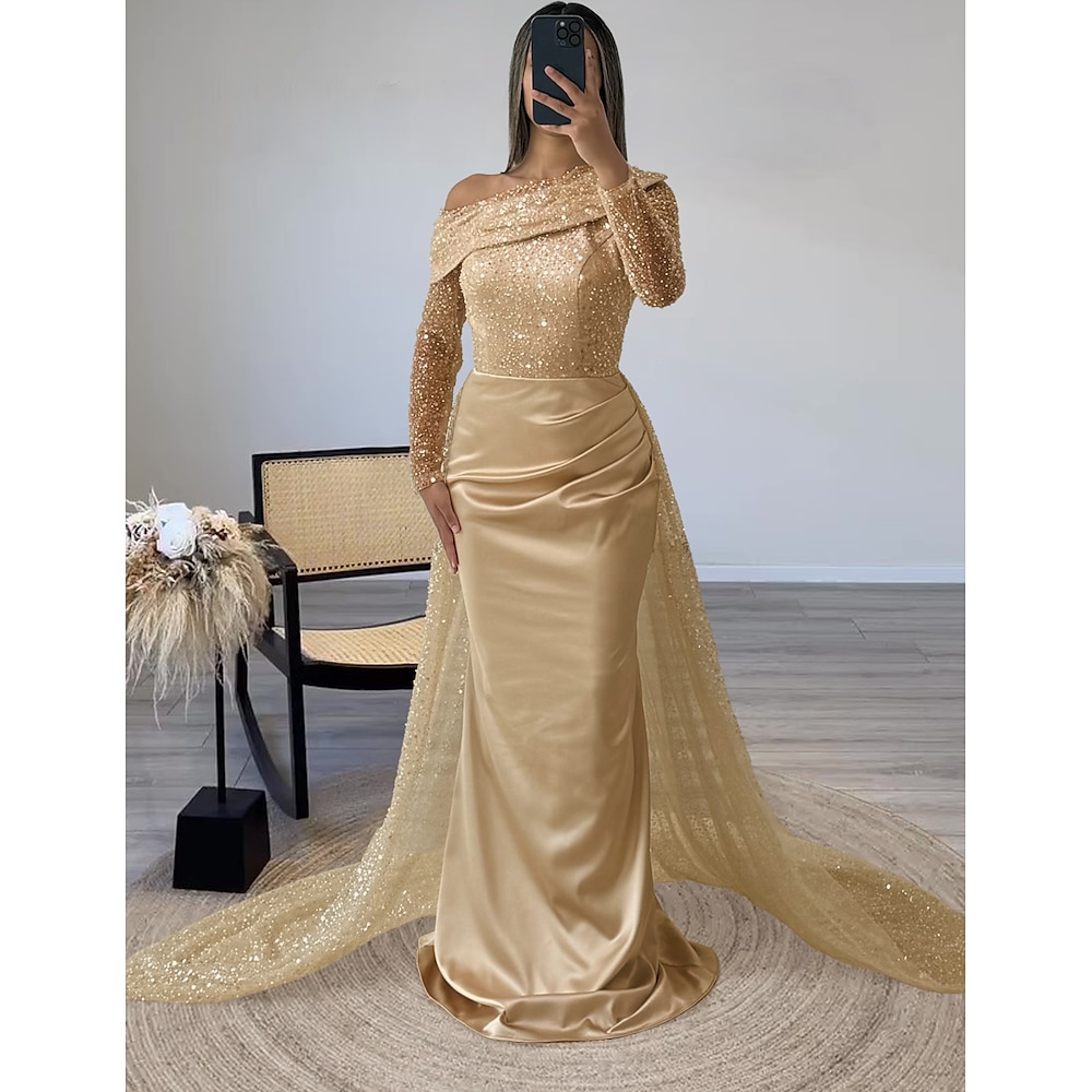 Eng anliegend Abendkleider Elegant Kleid Formal Weihnachten Pinsel Schleppe Langarm Illusionsausschnitt Champagnerfarbenes Kleid für die Brautmutter Satin mit Perlen Verzierung Überrock 2024 Lightinthebox