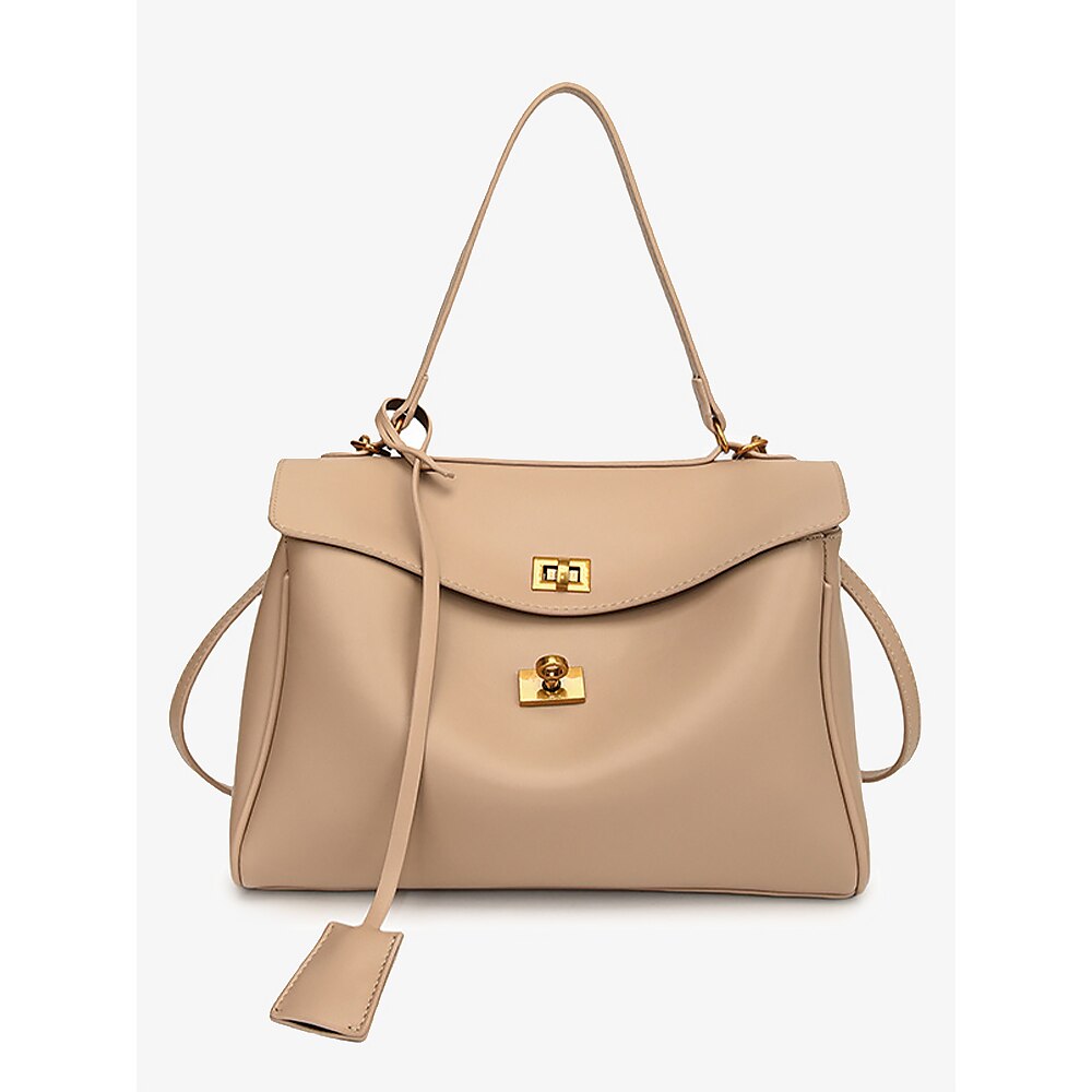 elegante beige Kunstlederhandtasche mit goldfarbener Hardware - klassische Damentasche mit Henkel und sicherem Drehverschluss Lightinthebox