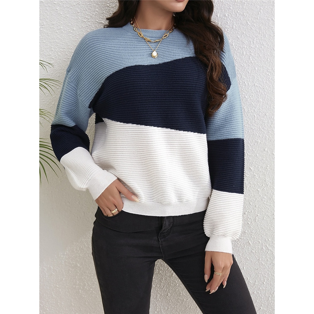 Damen Pullover Rundhalsausschnitt Gerippt Stricken Polyester Strick Herbst Winter Standard Outdoor Täglich Wochenende Brautkleider schlicht Weich Langarm Farbblock Weiß S M L Lightinthebox