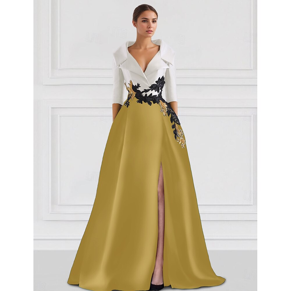 A-Linie Abendkleider Elegant Kleid Formal Weihnachten Boden-Länge Halbe Ärmel Hemdkragen Champagnerfarbenes Kleid für die Brautmutter Satin mit Schlitz Stickerei Applikationen 2024 Lightinthebox