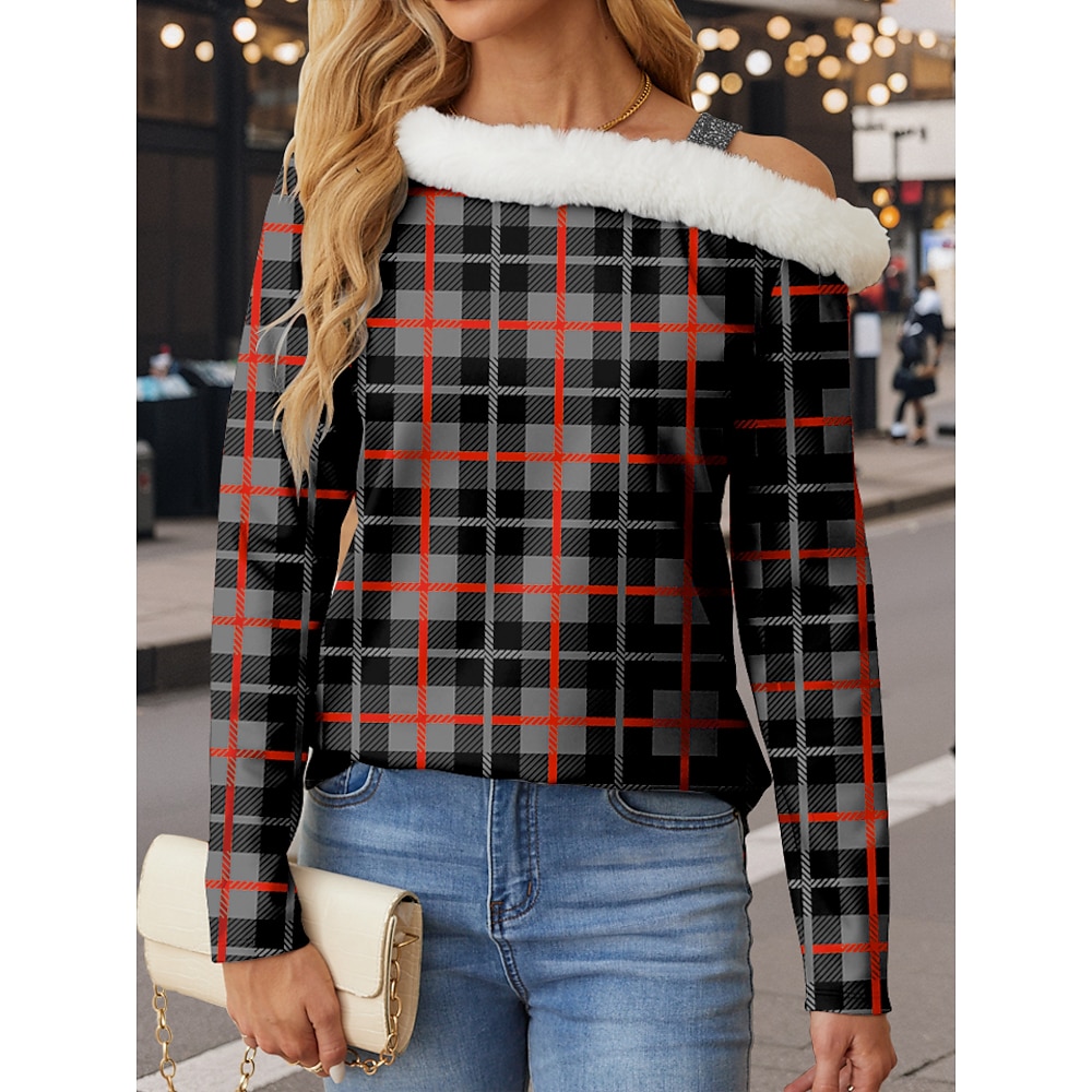 Damen Designer-Sweatshirt Polyester Plaid Party Weihnachten Bedruckt Weihnachten Pelzkragen Langarm Mikro-elastisch Herbst Winter Lightinthebox