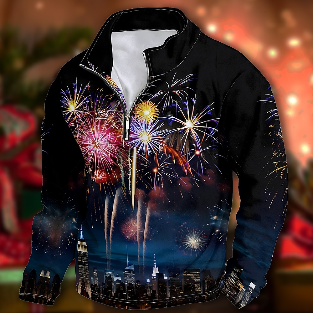 Neujahrs-Kapuzenpullover für Herren mit Grafik und Frohes neues Jahr, Sweatshirt mit Viertelreißverschluss, Kapuzenpullover, Stehkragen, Alltag, 3D-Druck, Urlaub, Ausgehen, Streetwear, schwarzer Lightinthebox