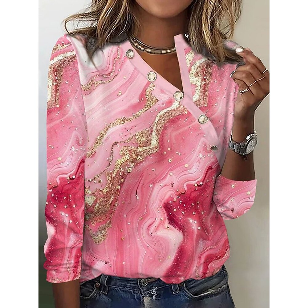 Damen T Shirt Farbverlauf Brautkleider schlicht Langarm Asymmetrischer Hals Normale Oberteile Täglich Ausgehen Patchwork Knopf Bedruckt Rosa Herbst Winter Lightinthebox