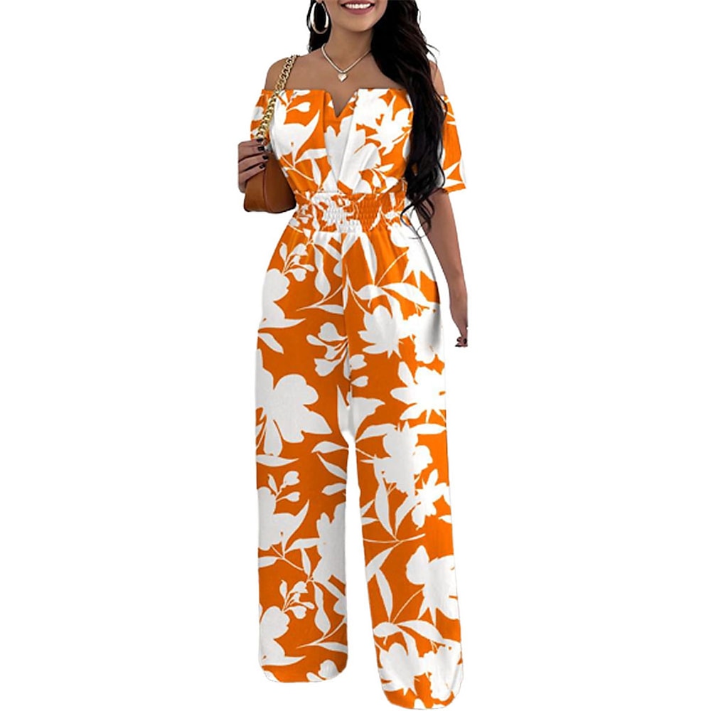 Damen Jumpsuit Hohe Taillenlinie Blumen Schulterfrei Aktiv Strassenmode Täglich Urlaub Regular Fit Kurzarm Fuchsie Orange Beige S M L XL Sommer Lightinthebox