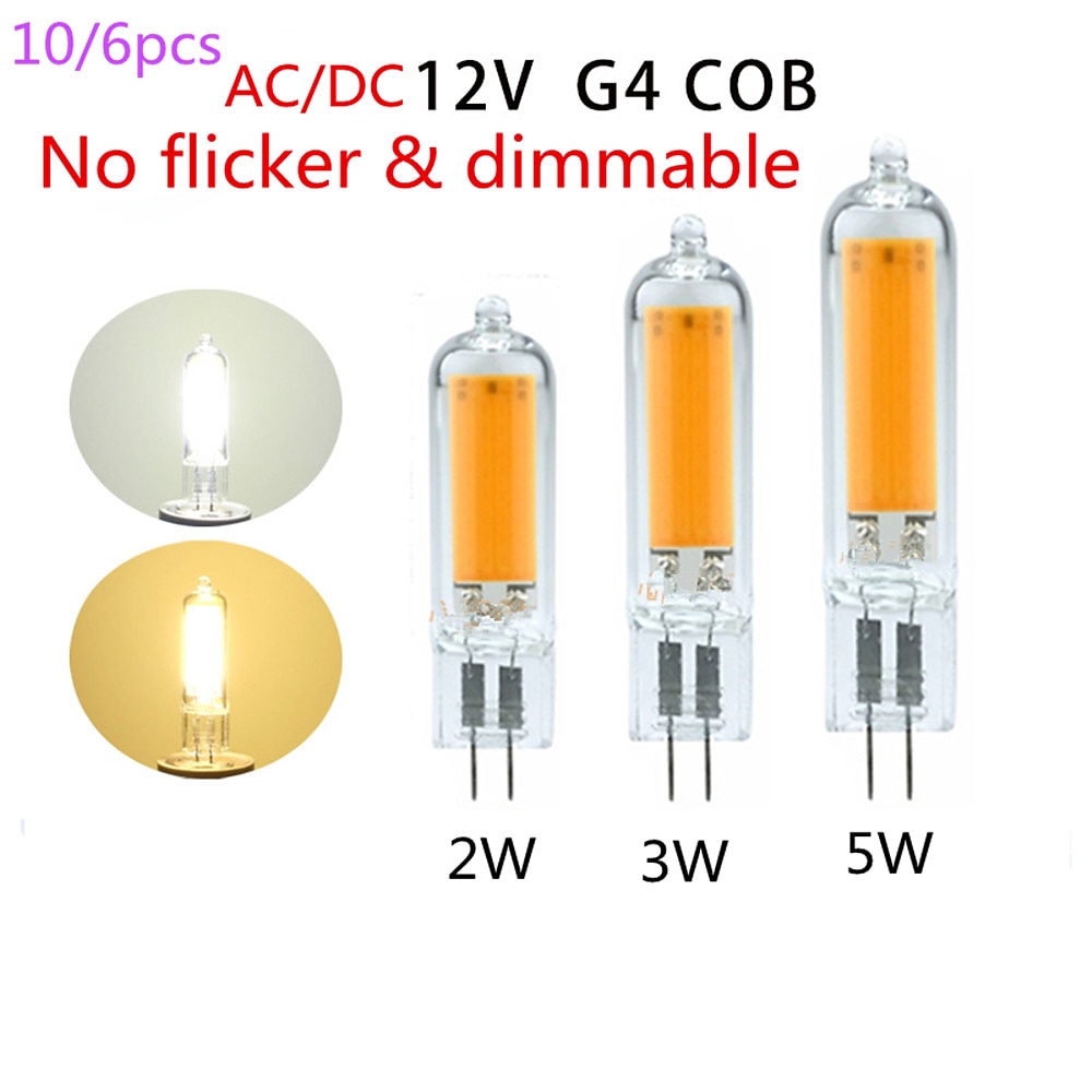 Dimmbare, flimmerfreie G4-COB-Glas-LED-Lampen, 2 W/3 W/5 W AC/DC 12 V, Kristall-Glühbirne für Lampada, Lampara, Kronleuchterbeleuchtung, 6/10 Stück Lightinthebox