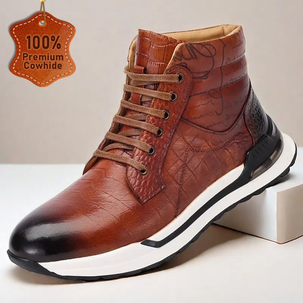 Herren-Sneaker-Boots aus braunem Leder mit Krokoprägung und Schriftzug - lässiger High-Top-Schuh aus hochwertigem Rindsleder mit sportlicher Sohle Lightinthebox