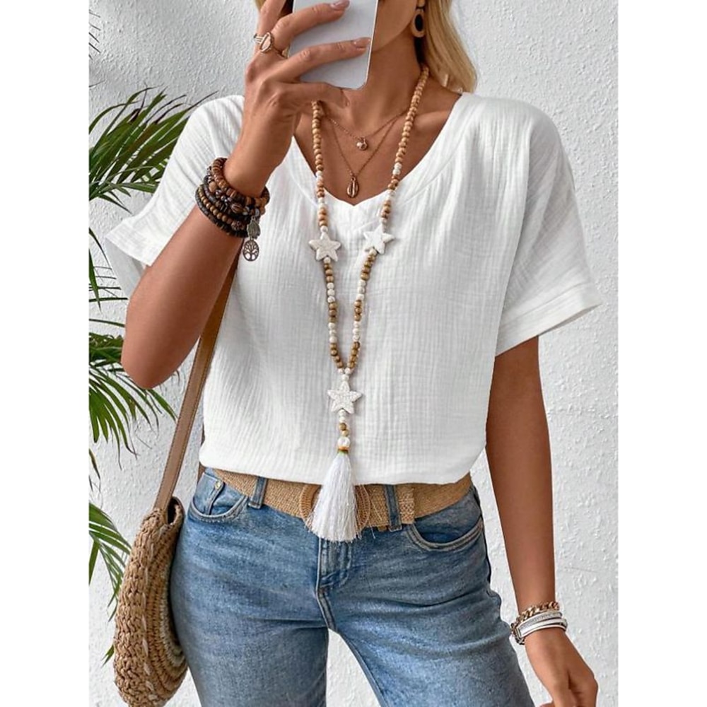 Damen T Shirt Einfach Mode Modern Lässig Kurzarm V Ausschnitt Normale Oberteile Täglich Wochenende Weiß Sommer Lightinthebox