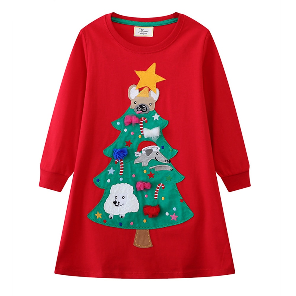 kinderkleidung Mädchen Weihnachtsoutfit Kleid Weihnachtsbaum Langarm Schulanfang Casual bezaubernd Täglich Baumwolle Knielang Casual kleid Frühling Herbst 4 Jahre Rote Lightinthebox