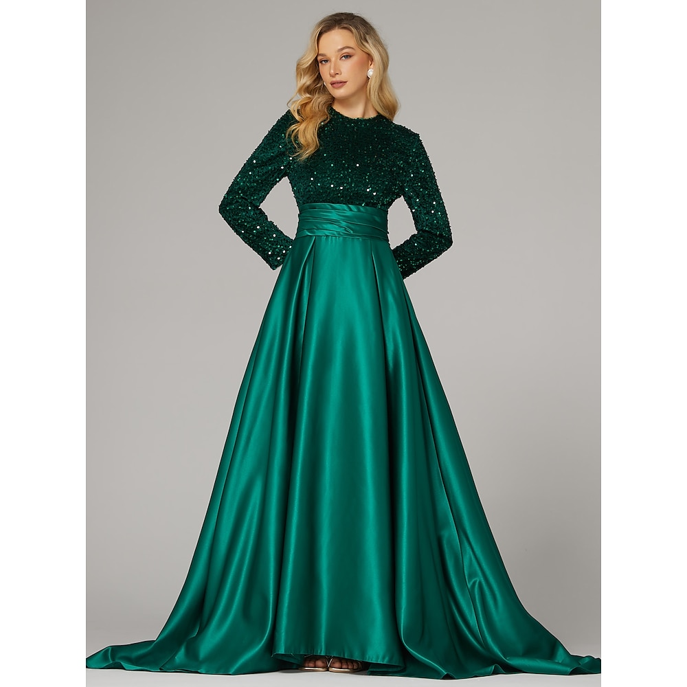 A-Linie Abendkleider Elegant Kleid Formal Cocktailparty Bodenlanger Rock Langarm Stehkragen Hochzeitsgast im Herbst Satin mit Paillette 2024 Lightinthebox