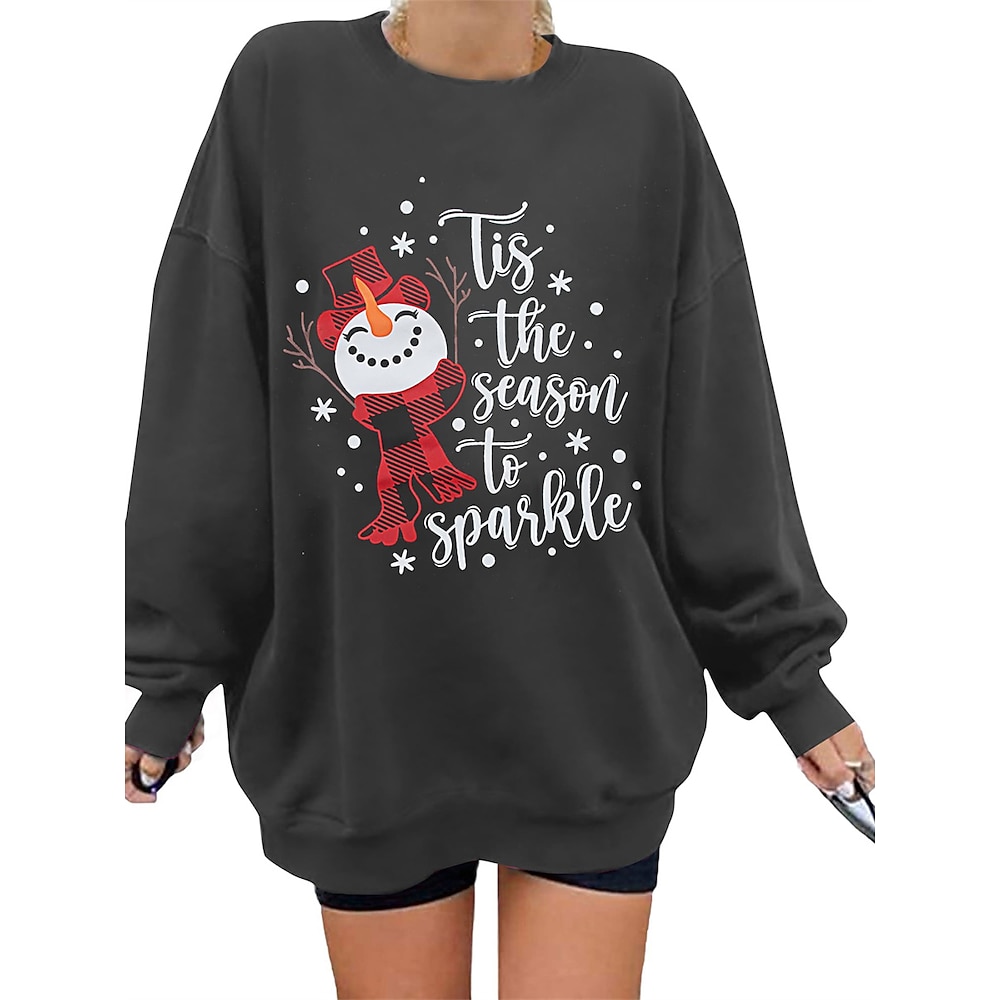 Damen Sweatshirt Pullover Baumwolle Schneemann Buchstabe Weihnachten Strasse Bedruckt Brautkleider schlicht Rundhalsausschnitt Langarm Mikro-elastisch Herbst Winter Lightinthebox