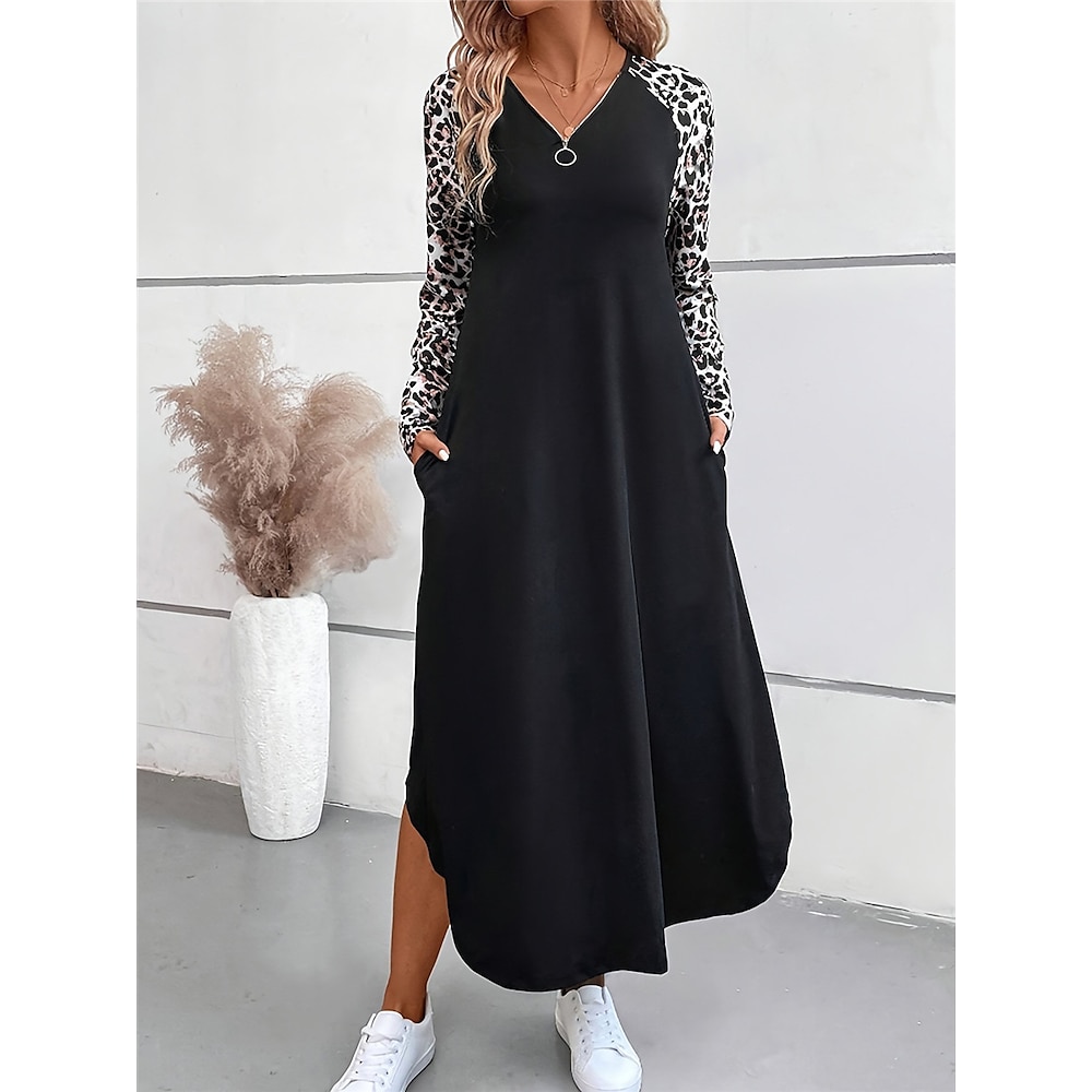 Damen Polyester Leopard V Ausschnitt Maxidress Langarm Sommer Frühling Lightinthebox