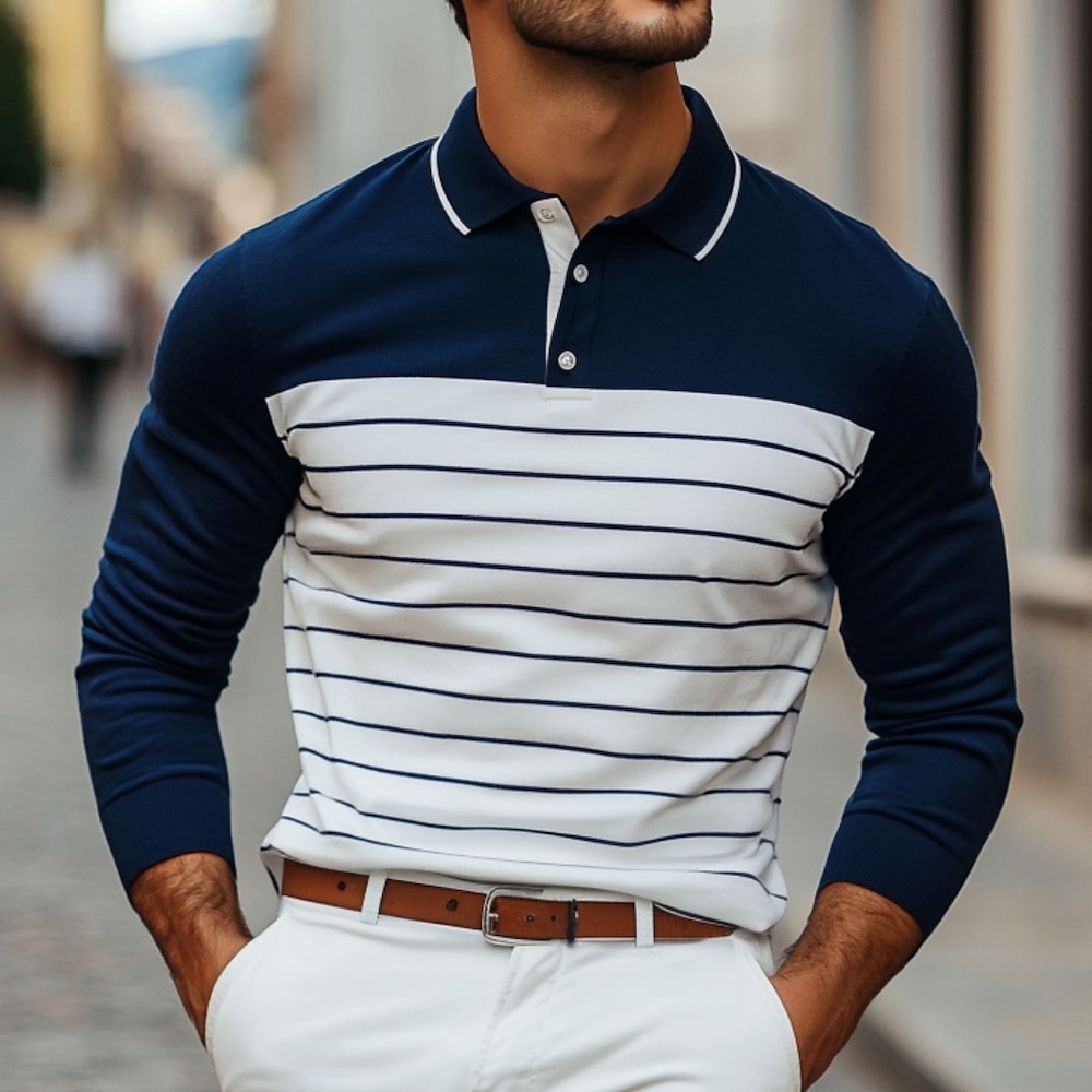 Herren Poloshirts Golf Poloshirts Geschäft Casual Kargen Klassisch Langarm Modisch Basic Farbblock Streifen Herbst Winter Regular Fit Marinenblau Braun Poloshirts Lightinthebox