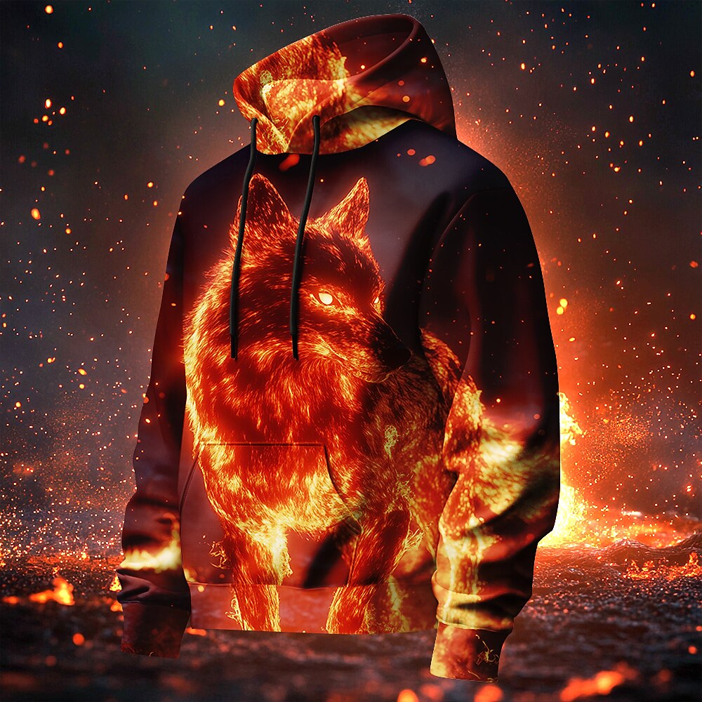 Herren Wolf Flamme Hoodies Pullover Oberbekleidung Sweatshirt mit Kapuze Rundhalsausschnitt Modisch 3D-Druck Party Festtage Strassenmode Rote Kordelzug Herbst Winter Designer Lightinthebox