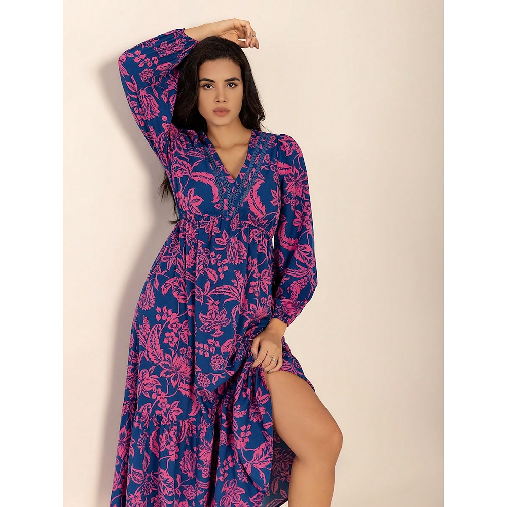 Damen Maxidress Casual kleid Boho-Kleid Kleid drucken Blumen Geometrie Modisch Retro Heim Täglich Sport Patchwork Bedruckt Langarm V Ausschnitt Kleid Regular Fit Blau Sommer Frühling S M L XL Lightinthebox