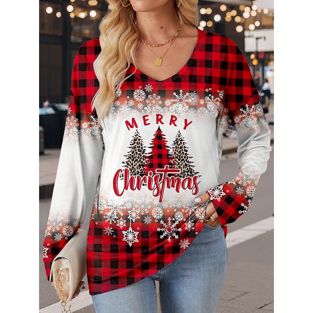 Weihnachtsshirt Damen T Shirt Polyester Weihnachtsbaum Bedruckt Weihnachten Täglich Modern Brautkleider schlicht Langarm V Ausschnitt Rote Herbst Winter Lightinthebox