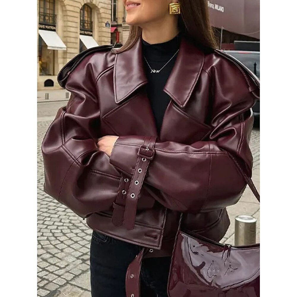 Damen Lederjacke Kunstlederjacke Outdoor Strasse Freizeitskleidung Herbst Kurz Mantel Regular Fit Atmungsaktiv Stilvoll Brautkleider schlicht Jacken Langarm Glatt Mit Taschen Wein Lightinthebox