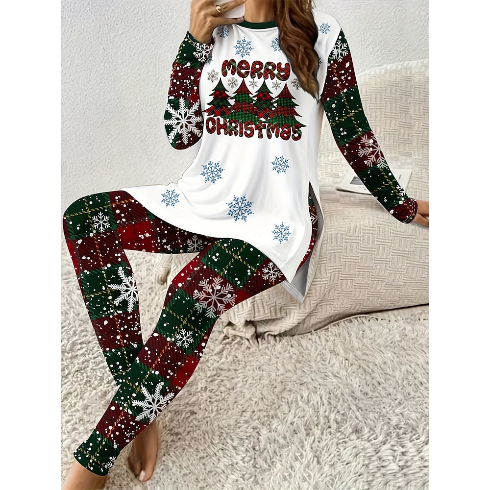 Damen Schlafanzug Set Schneeflocke Bäume Brautkleider schlicht Komfort Weihnachten Heim Polyester Komfort Atmungsaktiv Rundhalsausschnitt Langarm T Shirt Hose Frühling Herbst Lightinthebox