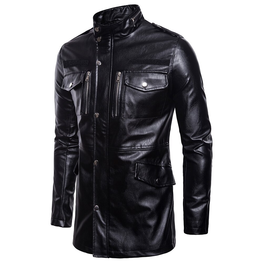 Herren Lederjacke Kunstlederjacke Motorrad Jacke Motorradjacke Heim B¨¹ro Windbreaker Tasche Winter Frühling Herbst Feste Farbe Vintage Klassicher Stil Standard Schwarz Jacken Lightinthebox