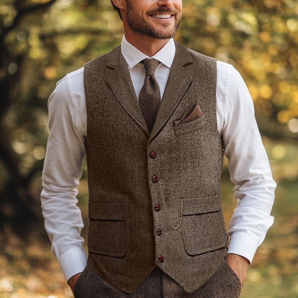 Braun-graue Herringbone-Weste für Männer Tweed standardmäßig mit Revers einreihig mit fünf Knöpfen Lightinthebox