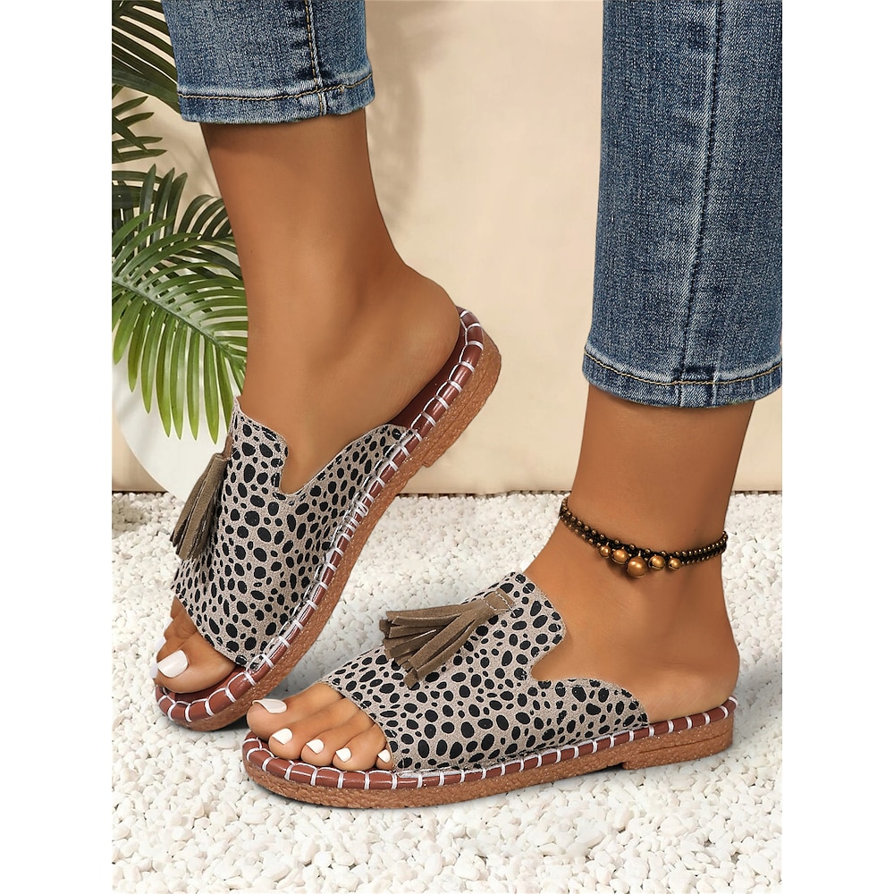 Damen Sandalen Hausschuhe im Freien Täglich Reise Blumen Leopard Quaste Flacher Absatz Runde Zehe Offene Spitze Urlaub Brautkleider schlicht Kunstleder Stoff Halbschuhe Schwarz / weiss Braun Khaki Lightinthebox