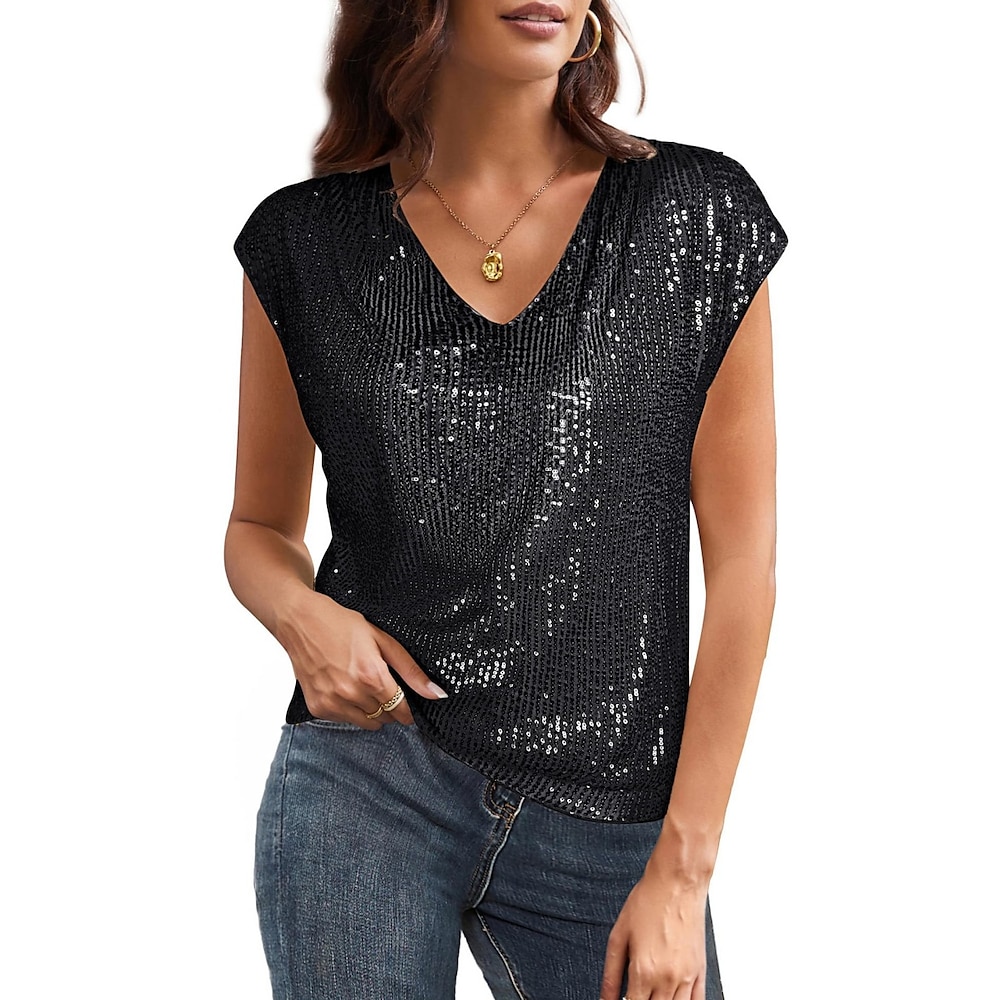 Damen Hemd Bluse Basic Brautkleider schlicht Feste Farbe Normale Oberteile Ärmellos V Ausschnitt Pailletten Regular Fit Täglich Schwarz Wein Sommer Frühling Lightinthebox