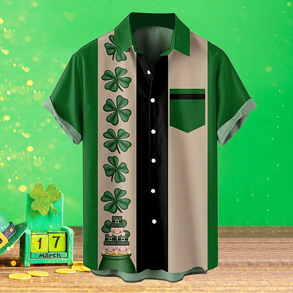 St. Patrick Herren Kleeblatt Lässiges Hemd Kurzarm Brautkleider schlicht St.Patrick's Day Sommer Frühling Umlegekragen Knopf hoch Tasche Grün Lightinthebox