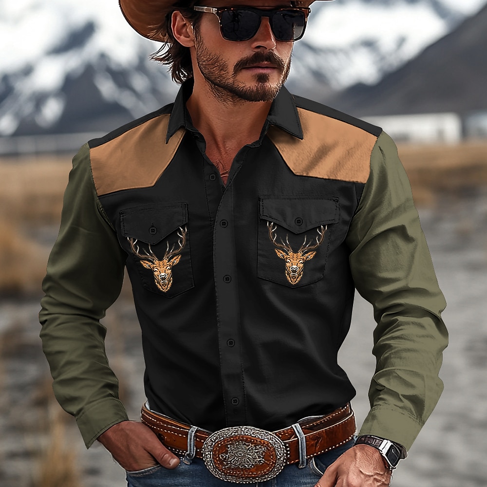 Herren Kuh Westernhemd Cowboy-Shirt Langarm Western Casual Frühling Herbst Umlegekragen Knopf hoch Schwarz Braun Lightinthebox