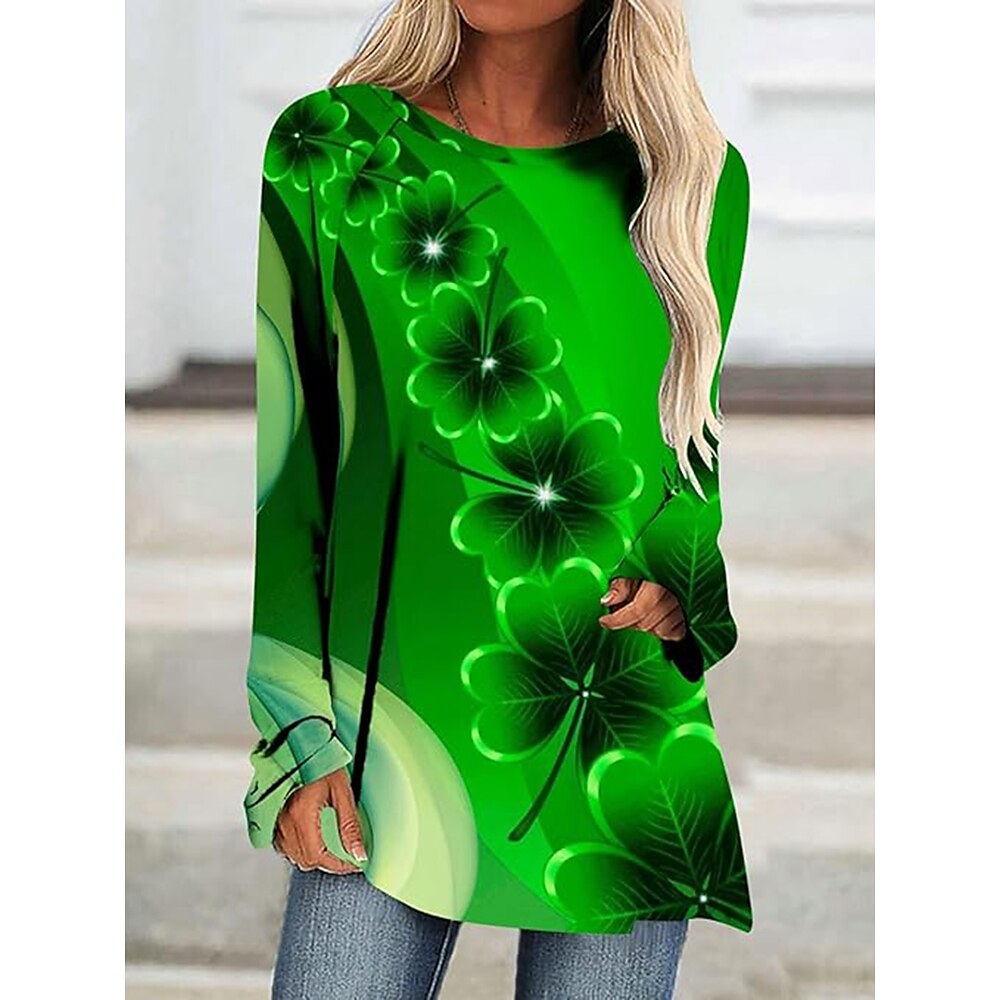 Damen T Shirt Brautkleider schlicht Kleeblatt Lange Oberteile Langarm Rundhalsausschnitt Bedruckt Regular Fit St.Patrick's Day Täglich Grün Herbst Winter Lightinthebox