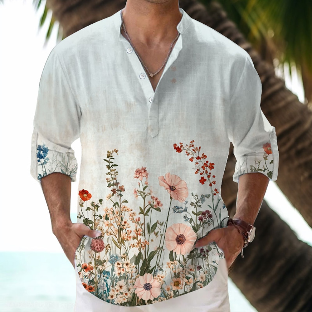 Herren Blumen / Pflanzen Lässiges Hemd Aloha-Shirt Langarm Hawaiianisch Resort Urlaub Normal Casual Frühling Herbst V Ausschnitt Knopf Weiß Lightinthebox