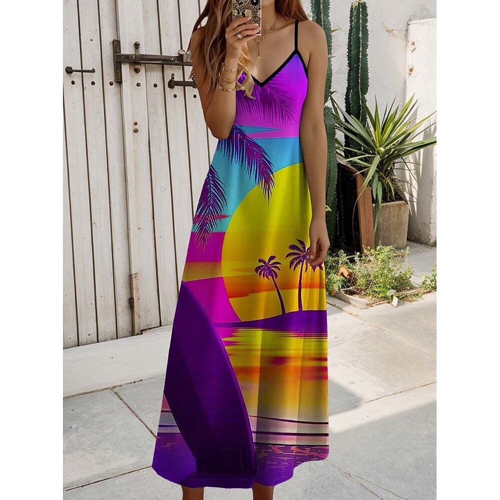 Damen Casual kleid A Linie Kleid skims dress Brautkleider schlicht Blatt Maxidress Ärmellos V Ausschnitt Rückenfrei Bedruckt Regular Fit Täglich Purpur Sommer Frühling Herbst Lightinthebox