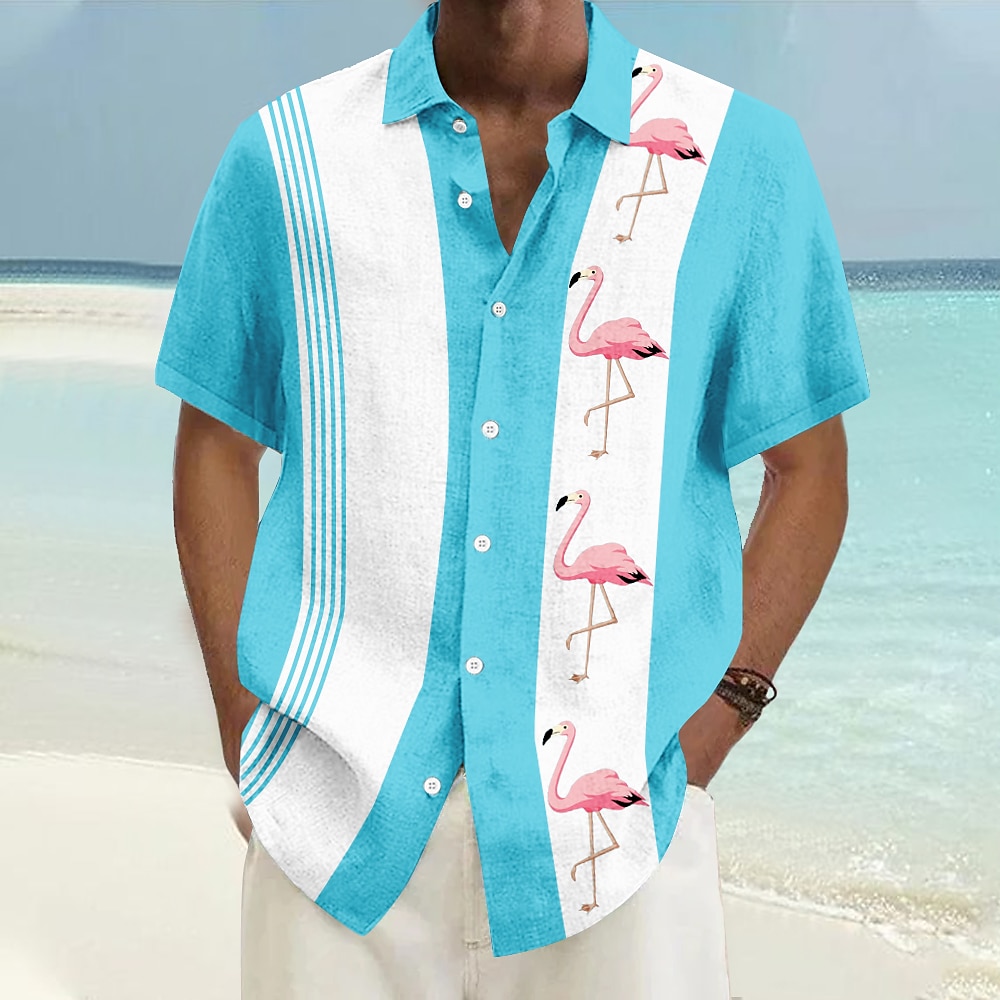 Herren Flamingo Lässiges Hemd Aloha-Shirt Kurzarm Hawaiianisch Resort Urlaub Casual Sommer Frühling Umlegekragen Knopf hoch Rosa Blau Grün Lightinthebox