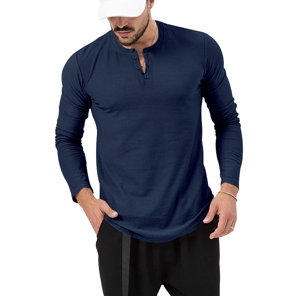 Herren T Shirt Henley Shirt Tee T-Shirt langarmshirt Glatt Henley Urlaub Strasse Langarm Knopf Bekleidung Polyester Modisch Designer Basic Lightinthebox