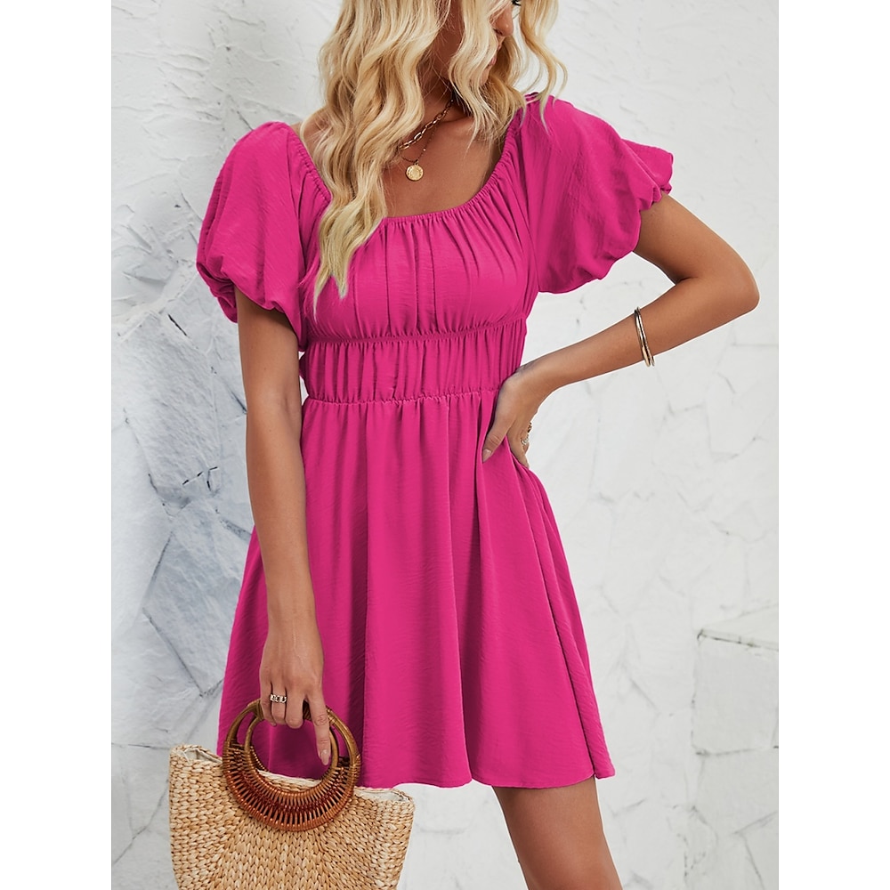 Damen Casual kleid A Linie Kleid Stilvoll Basic Brautkleider schlicht Glatt Minikleid Kurzarm Schulterfrei Rüschen Rückenfrei Regular Fit Urlaub Täglich Fuchsie Sommer Frühling Lightinthebox