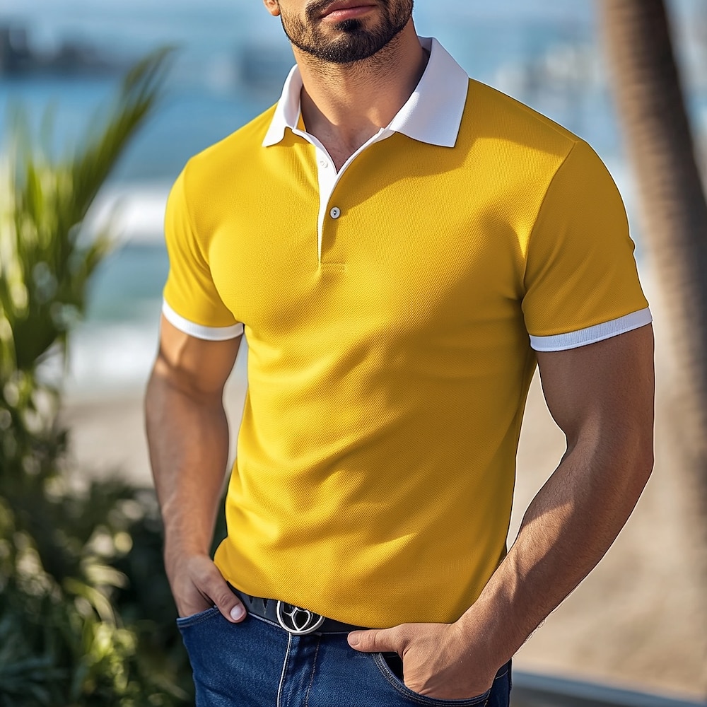 Herren Poloshirts Golfhemd Arbeit Casual Kargen Gerippter Polokragen Kurzarm Basic Modern Farbblock Patchwork Knopf Frühling Sommer Regular Fit Gelb Poloshirts Lightinthebox