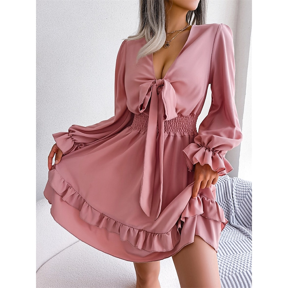 Damen Casual kleid A Linie Kleid Elegant Kuschelig Stilvoll Glatt Minikleid Langarm V Ausschnitt Elastische Taille Regular Fit Urlaub Party Täglich Weiß Rosa Blau Frühling Herbst Lightinthebox