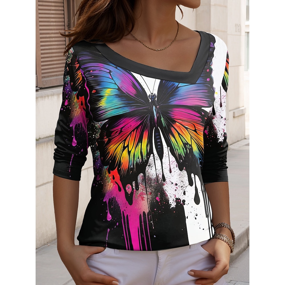 Damen T Shirt Brautkleider schlicht Karneval Schmetterling Normale Oberteile Langarm V Ausschnitt Bedruckt Regular Fit Täglich Schwarz Frühling Herbst Lightinthebox