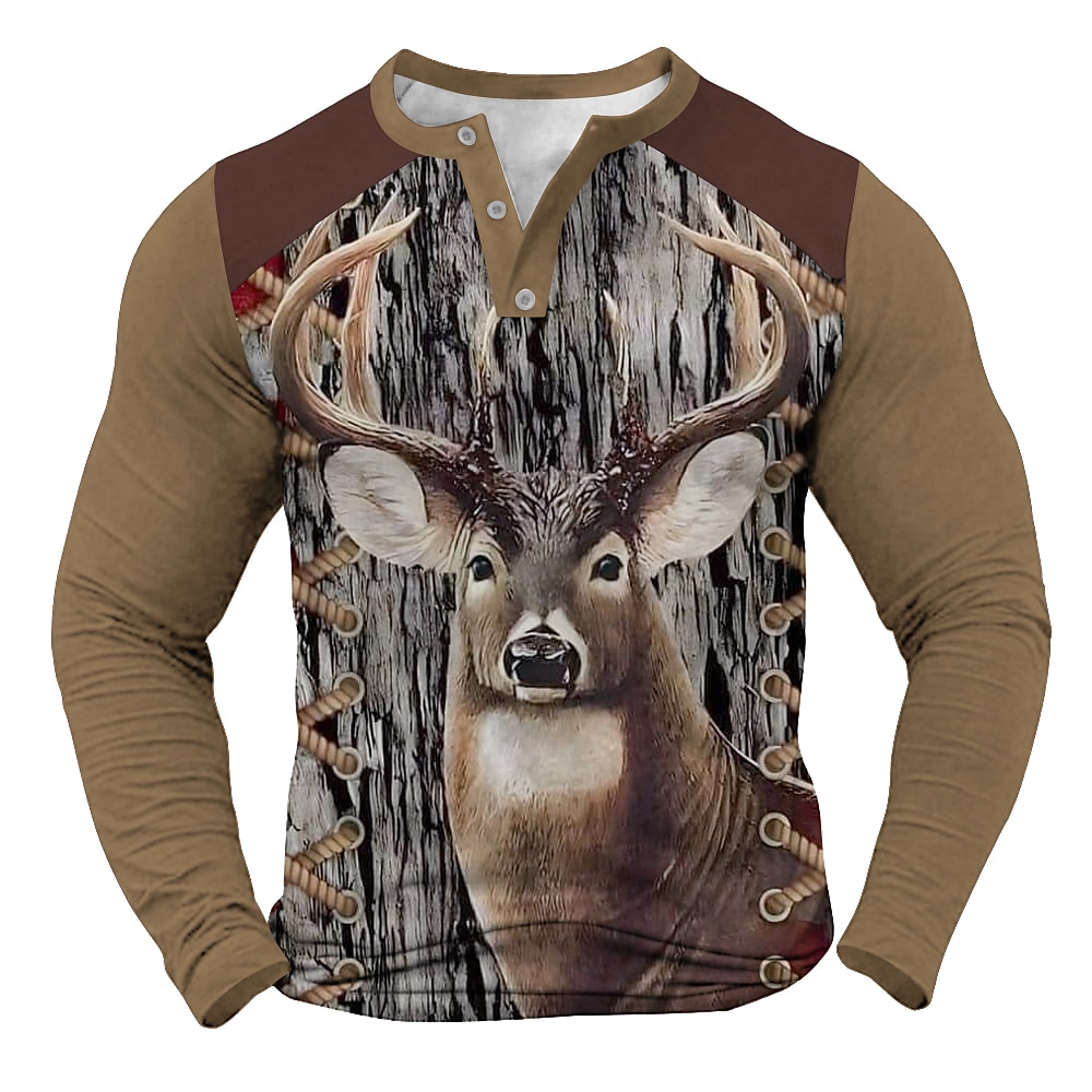 Herren Graphic Rentier Hirsch Henley Shirt Grafischen T-Shirt Langarm Modisch Kuschelig Täglich Casual Festtage Festival Frühling Herbst Grau Grün Braun Khaki Henley Henley T-Shirt Lightinthebox