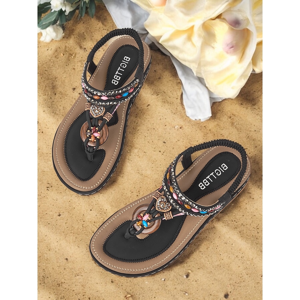 Flache Sandalen aus schwarzem Kunstleder im Bohemian-Stil für Damen - farbenfrohes Perlendesign mit Holzakzenten, perfekt für den Strand, den Sommerurlaub und Freizeitausflüge Lightinthebox