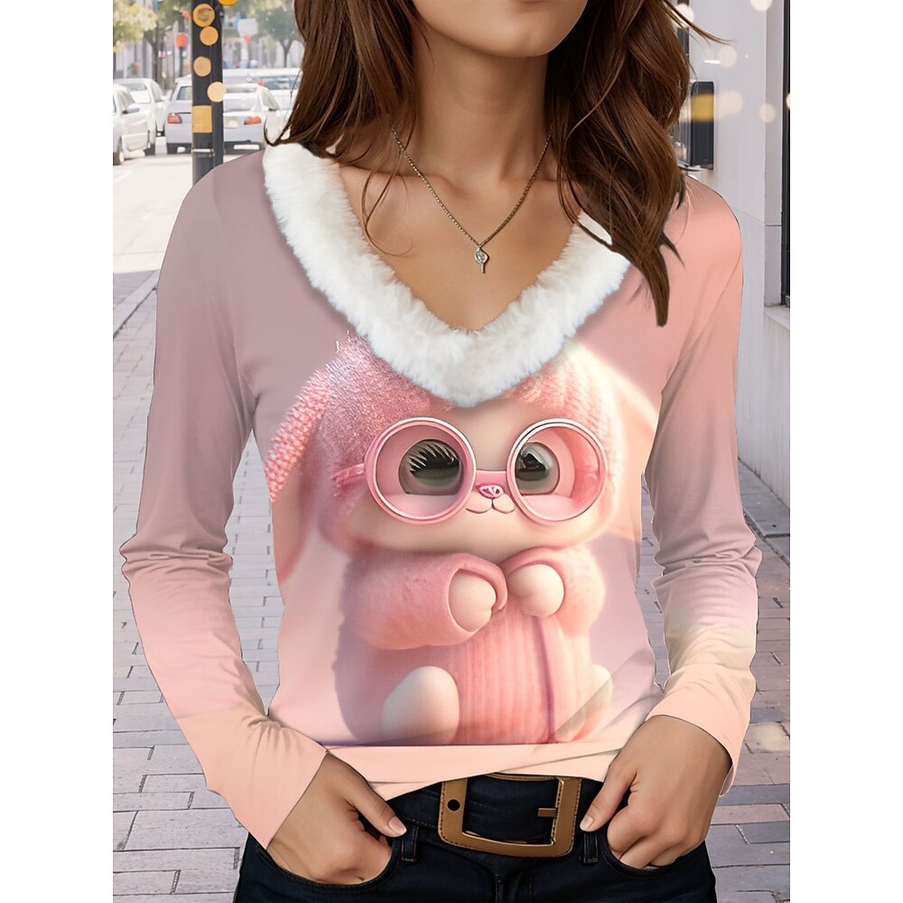 Damen T Shirt Brautkleider schlicht Tier Karikatur Normale Oberteile Langarm V Ausschnitt Patchwork Bedruckt Regular Fit Täglich Rosa Herbst Winter Lightinthebox