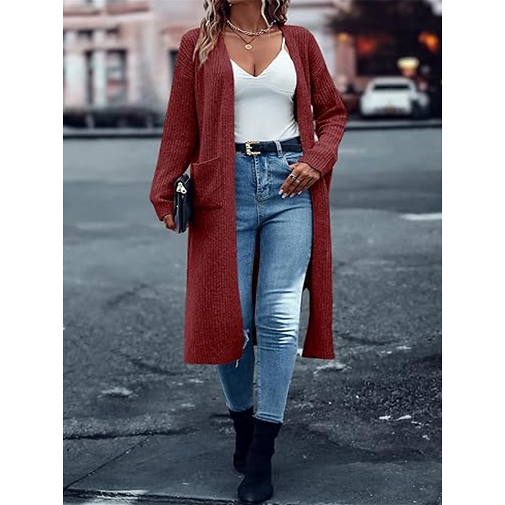 Damen Pullover Strickjacke Elegant Modisch Strassenmode Einfarbig V Ausschnitt Tasche Strick Langarm Normale Oberteile Stricken Outdoor Täglich Wochenende Weinrot Marineblau Herbst Winter Lightinthebox