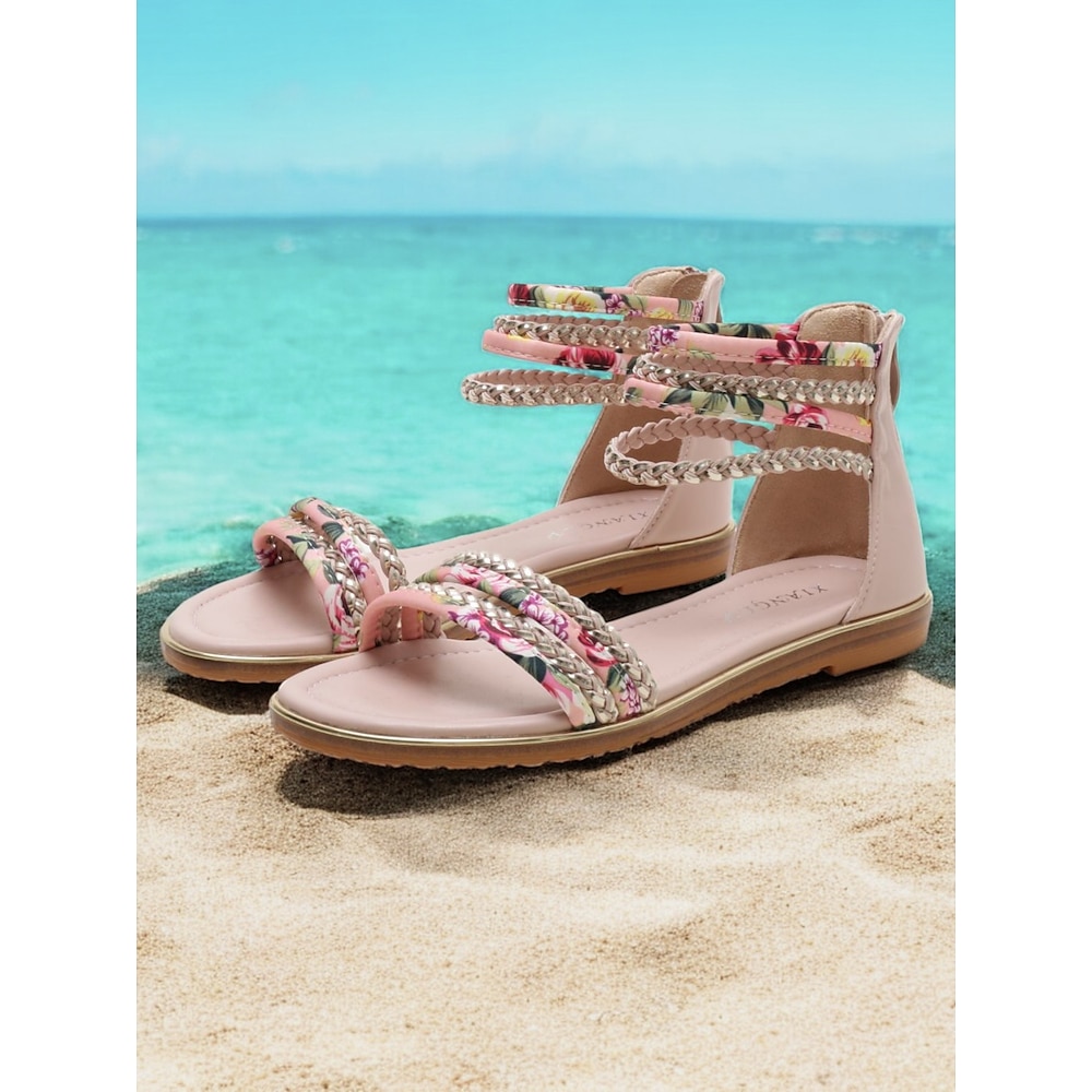 Flache Sandalen für Damen mit Blumenmuster und Fesselriemen, Strandschuhe im Boho-Stil für den Sommerurlaub und die Freizeit Lightinthebox