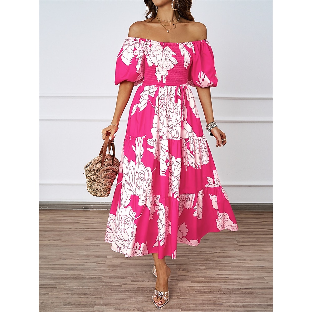 Damen Casual kleid Elegant Stilvoll Brautkleider schlicht Blumen Midikleid Kurzarm Puffärmel Schulterfrei Lockere Passform Urlaub Party Täglich Rosa Grün Sommer Frühling Lightinthebox